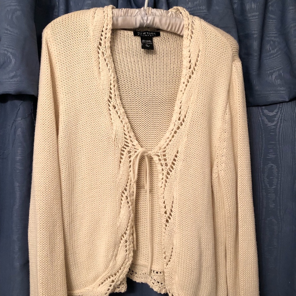 New York & Co. cream cardigan with crochet detail